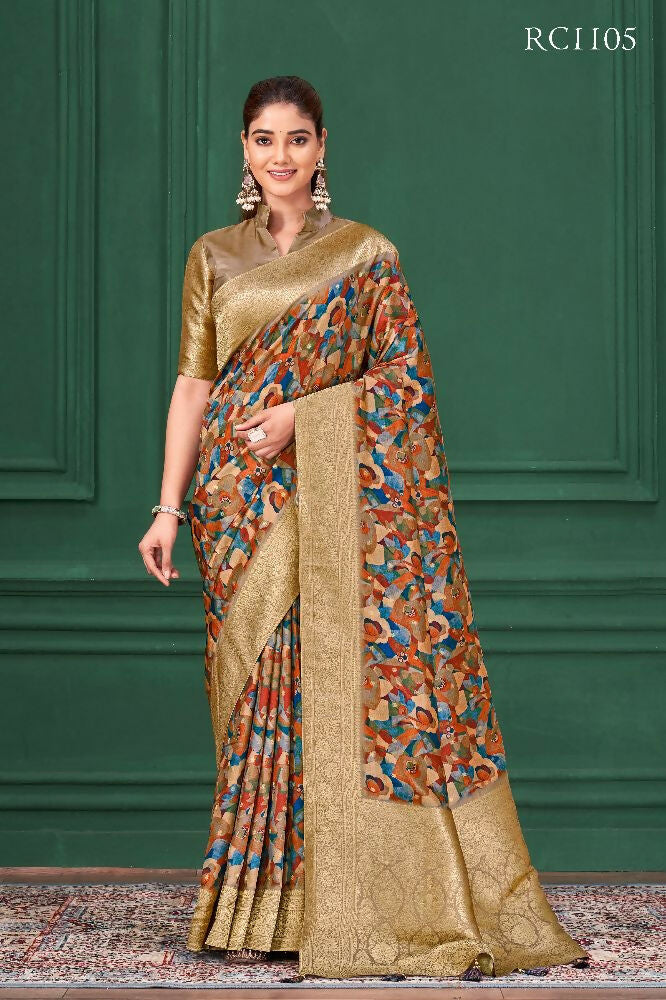 Chiku Tussar Silk Jacquard Abstract Digital Print Saree with Unstitched Blouse - Mohira