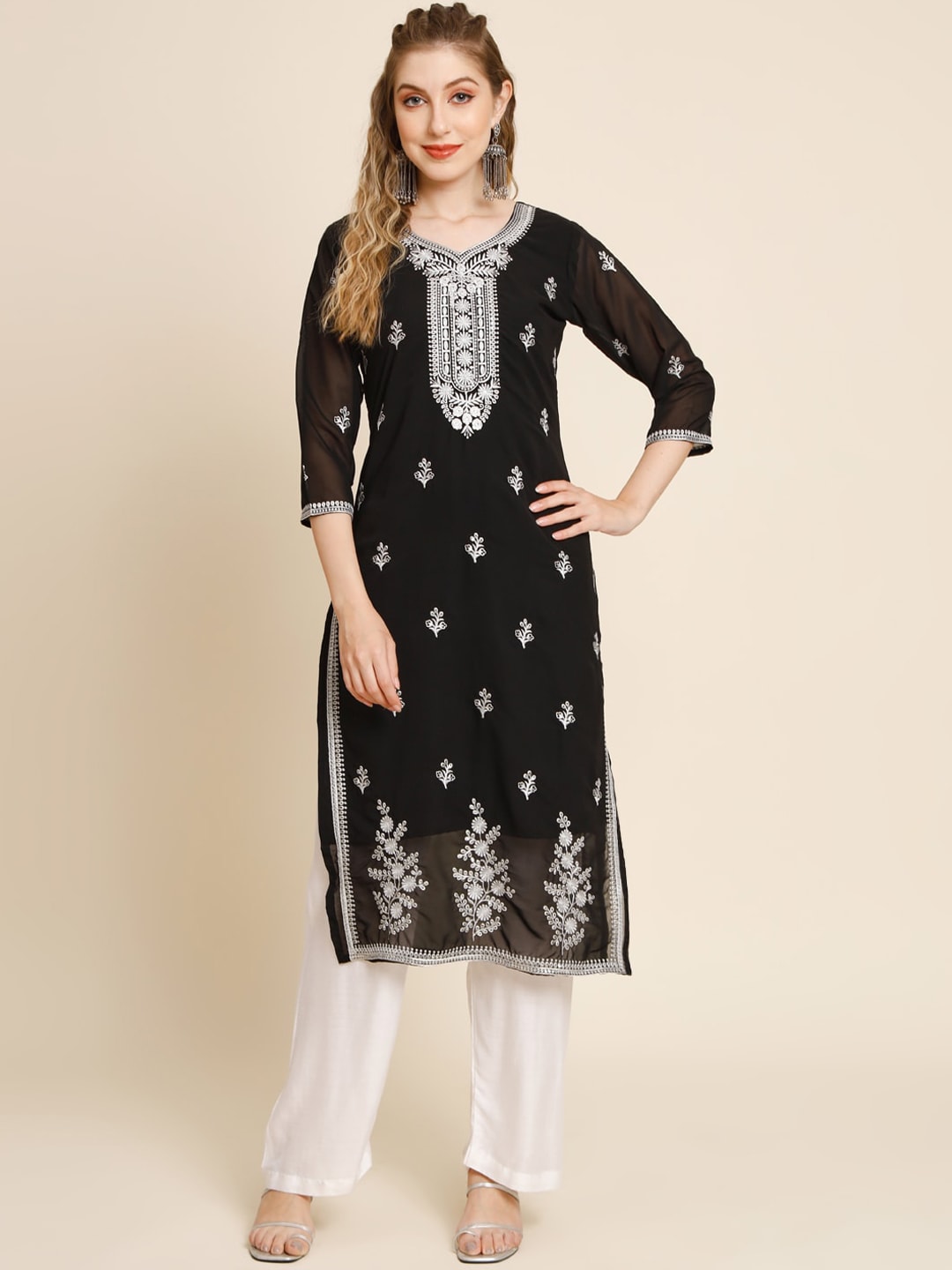 HERE&NOW Ethnic Motifs Embroidered Sequined Georgette Kurta