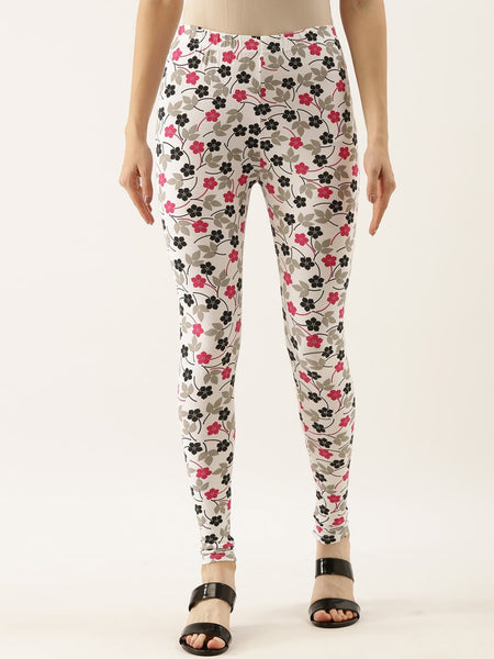Souchii White & Pink Printed Slim-Fit Ankle-Length Leggings