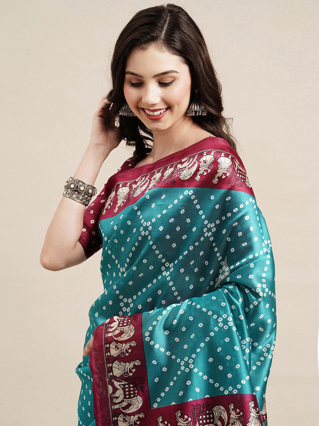 Saree Mall Blue & Maroon Bandhani Silk Blend Bandhani Sarees - Distacart