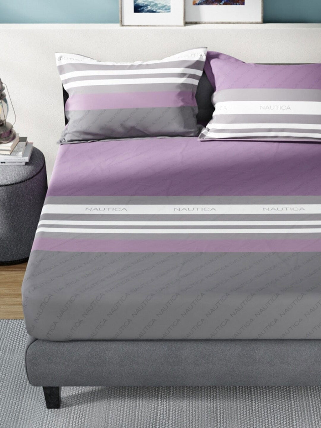 Nautica Bradford Purple & Grey Striped 160 TC Pure Cotton King Bedsheet & 2 Pillow Covers - Distacart