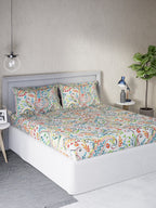 DDecor White & Turquoise Blue Motifs 140 TC Cotton Queen Bedsheet with 2 Pillow Covers - Distacart
