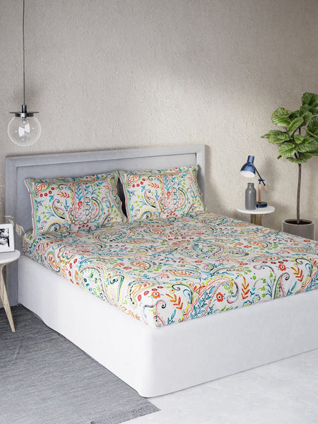 DDecor White & Turquoise Blue Motifs 140 TC Cotton Queen Bedsheet with 2 Pillow Covers