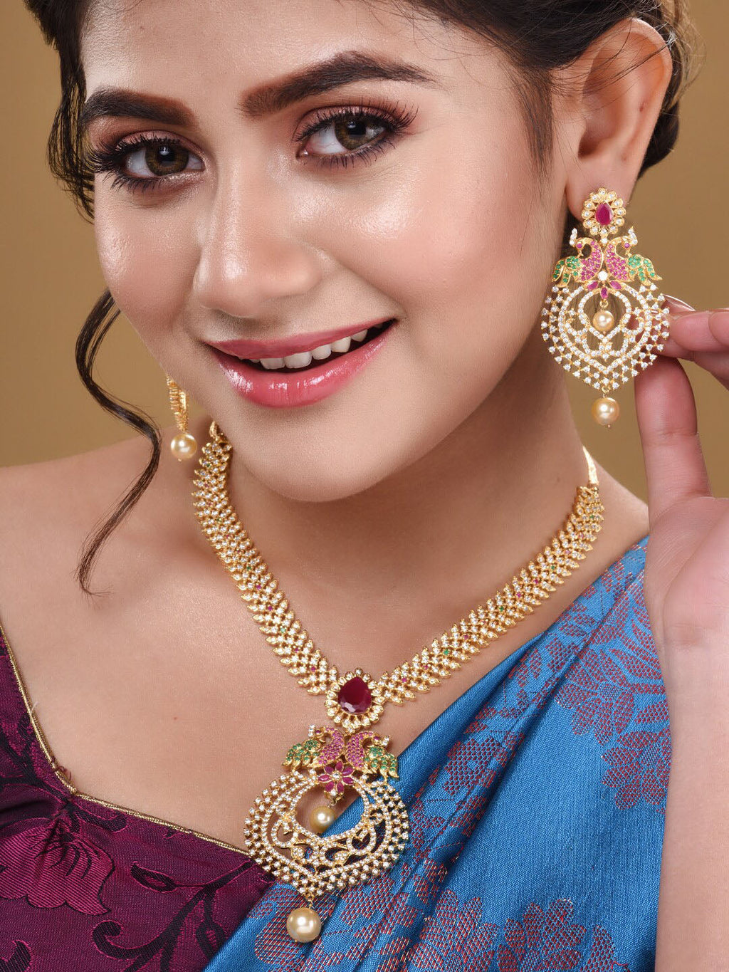 Saraf RS Jewellery Gold-Plated Green & Pink American Diamond Studded & Beaded Handcrafted Jewellery Set - Distacart