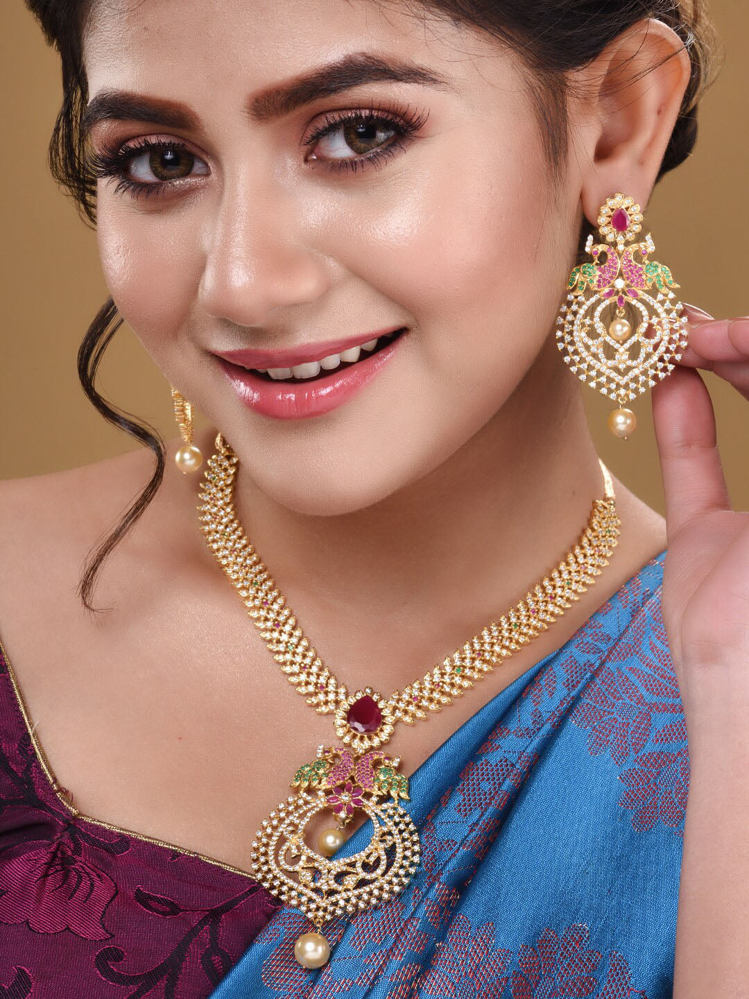 Saraf RS Jewellery Gold-Plated Green & Pink American Diamond Studded & Beaded Handcrafted Jewellery Set - Distacart