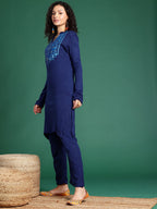 Sangria Floral Printed Mandarin Collar Kurta with Trousers