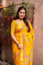 Mustard Silk Blend Geometric Saree with Unstitched Blouse - A2M
