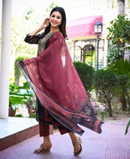 Yufta Women Black & Burgundy Printed Kurta & Trouser with Dupatta