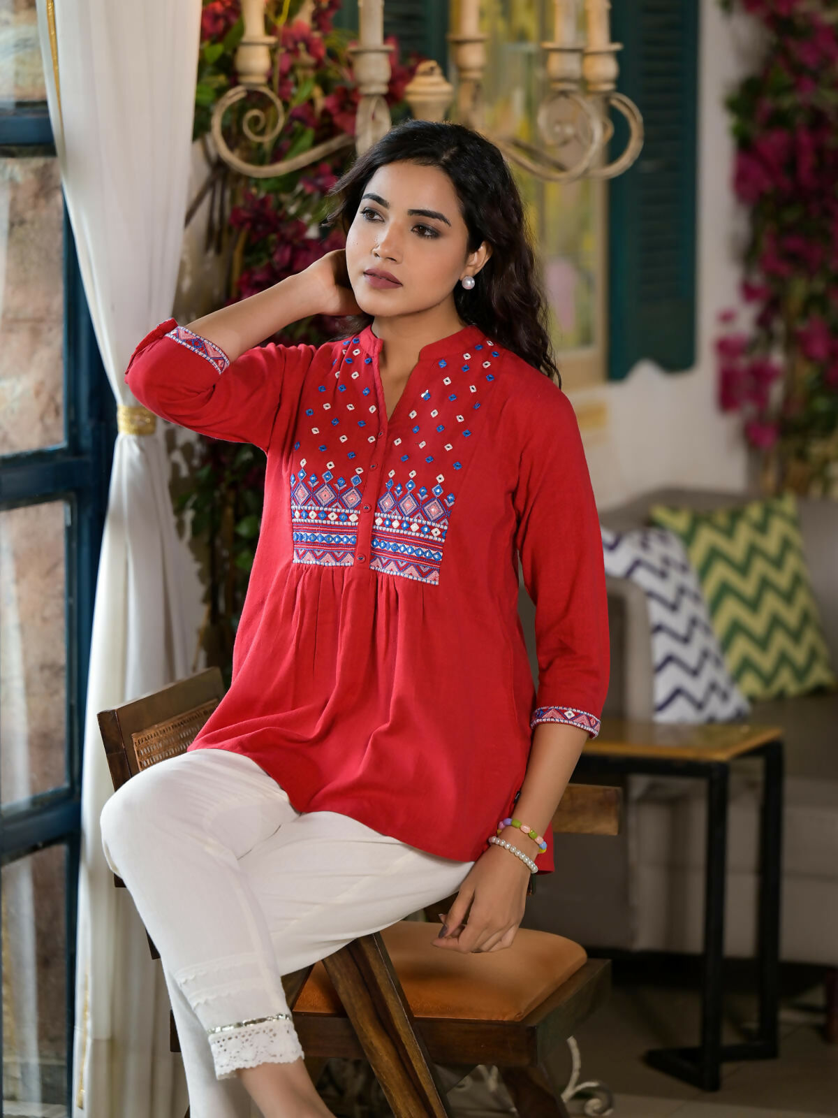 Juniper Women's Red Thread Embroidered Cotton Tunic With Mirror work & Buttons