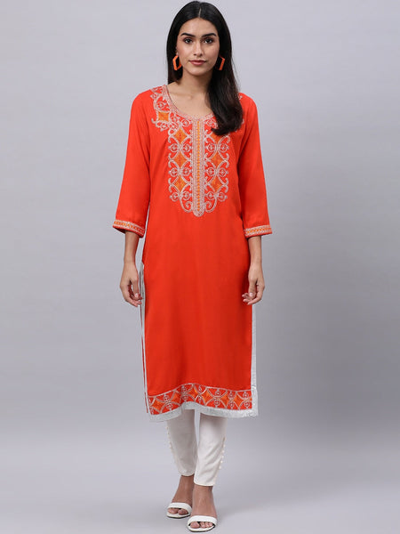 Souchii Orange Ethnic Motifs Thread Work Grandeur & Majestic Artwork Kurta