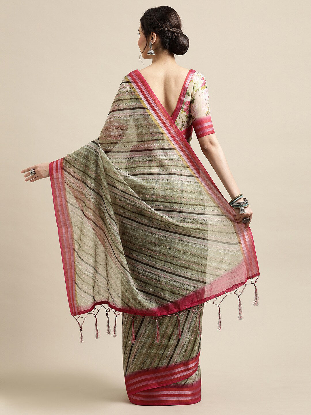 Saree Mall Olive Green & Pink Leheriya Linen Blend Saree - Distacart