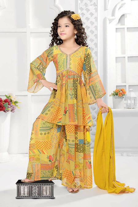 Kids Functional Designer Lemon Mustard Digital Flower Print On Georgette Shrara Suit - Aaradhna
