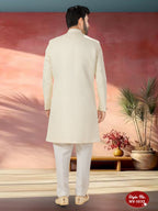 Joban Fashion Men's White Straight Imported Tr Self-Design In Fabric Indo-Western Kurta Set