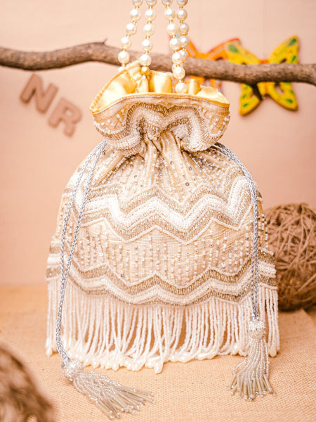 NR By Nidhi Rathi Cream-Coloured & Gold-Toned Embellished Potli Clutch