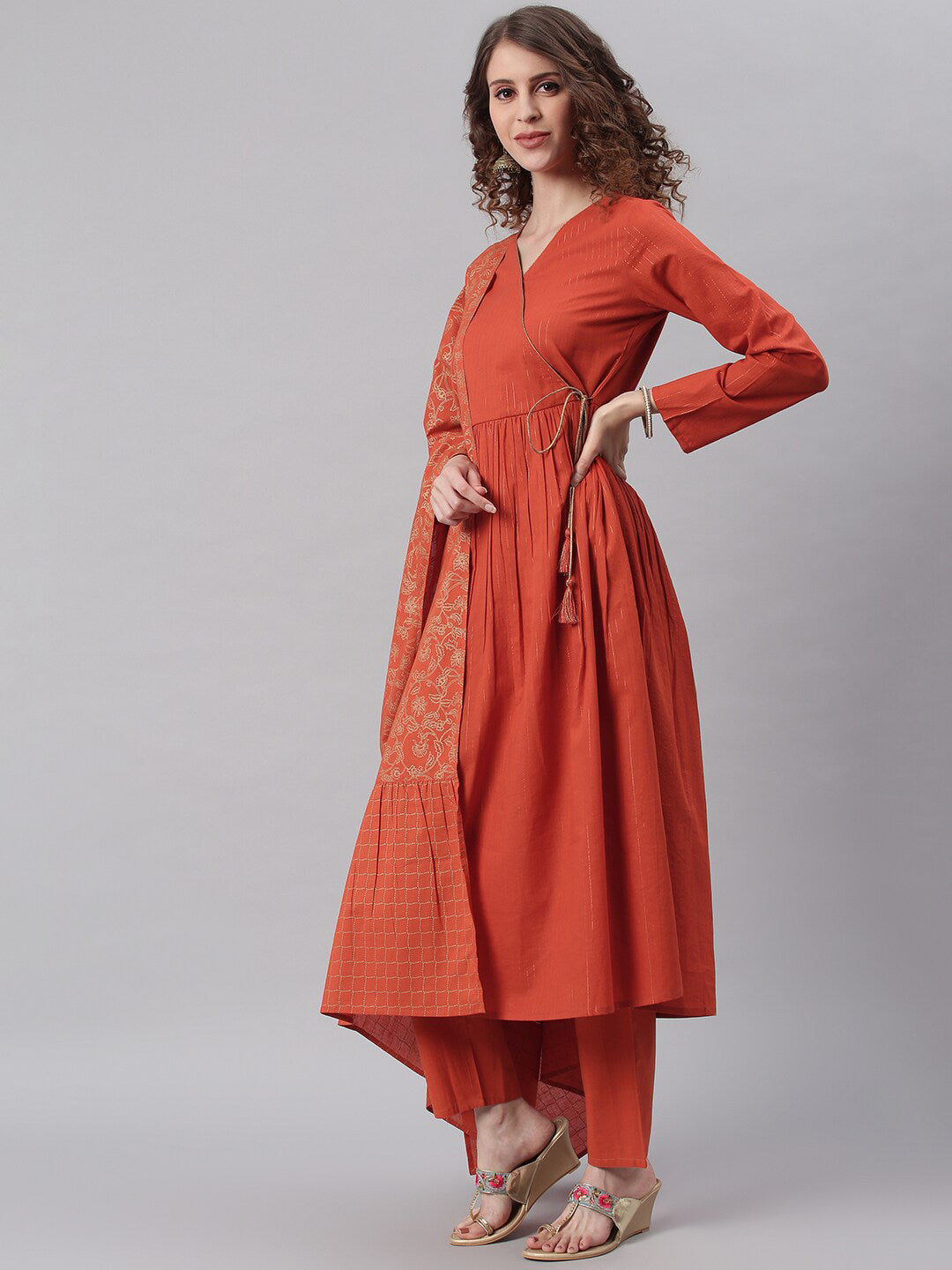 Janasya Orange Angrakha Pure Cotton Kurta with Trousers & Dupatta - Distacart