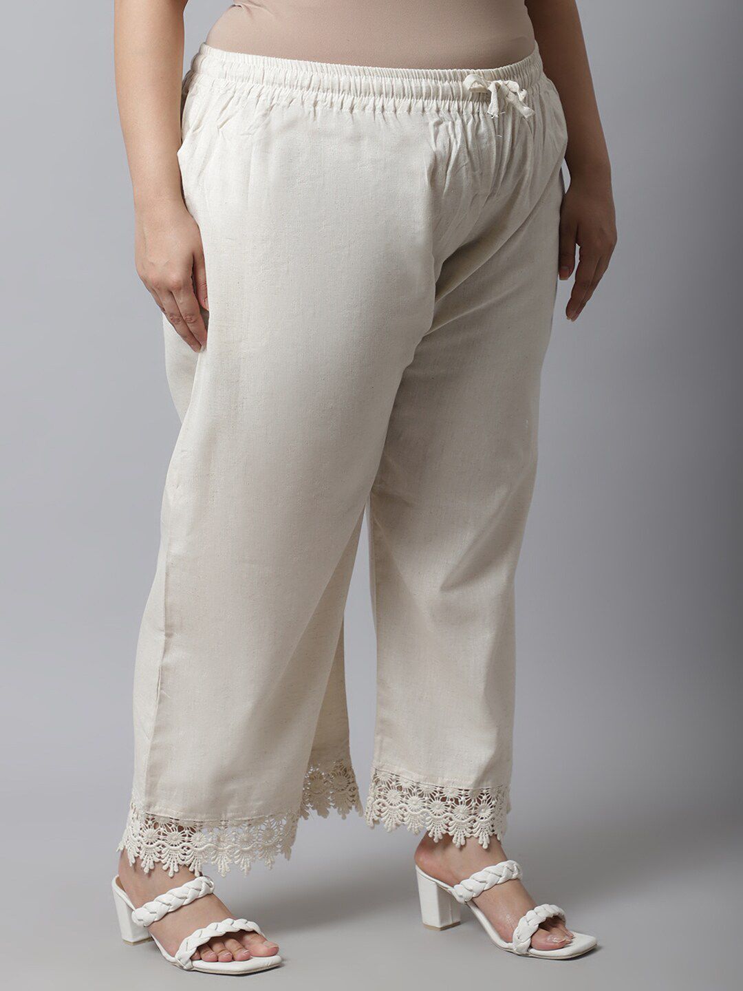 TAG 7 Women Plus Size Cream-Coloured Linen Ethnic Palazzos