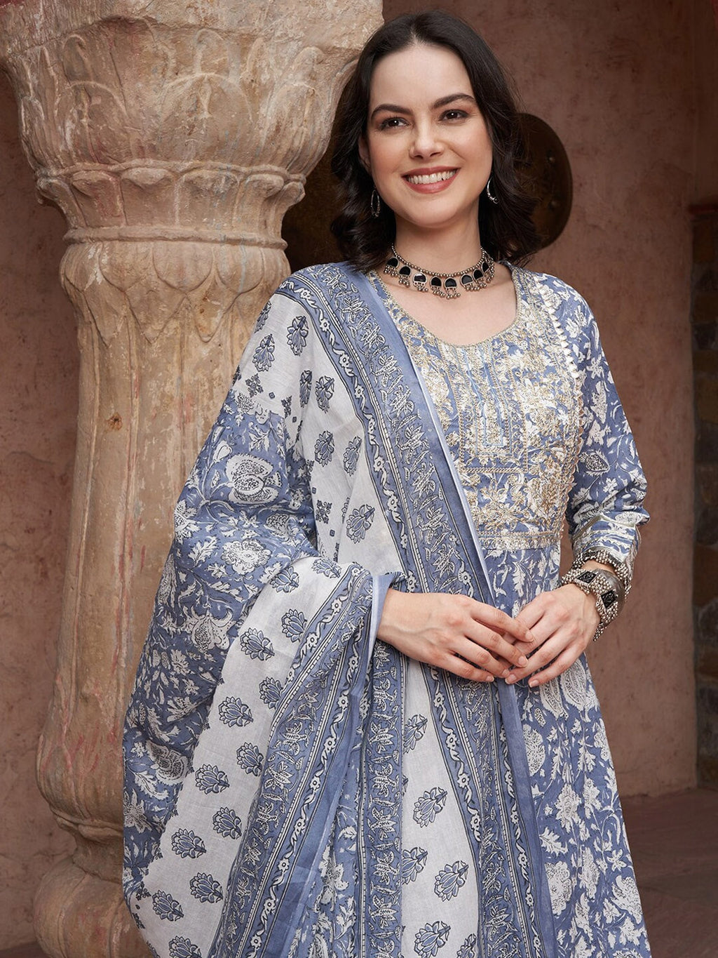 Sangria Blue Printed Thread Work Pure Cotton Empire A-Line Kurta with Trousers & Dupatta