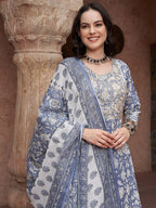 Sangria Blue Printed Thread Work Pure Cotton Empire A-Line Kurta with Trousers & Dupatta