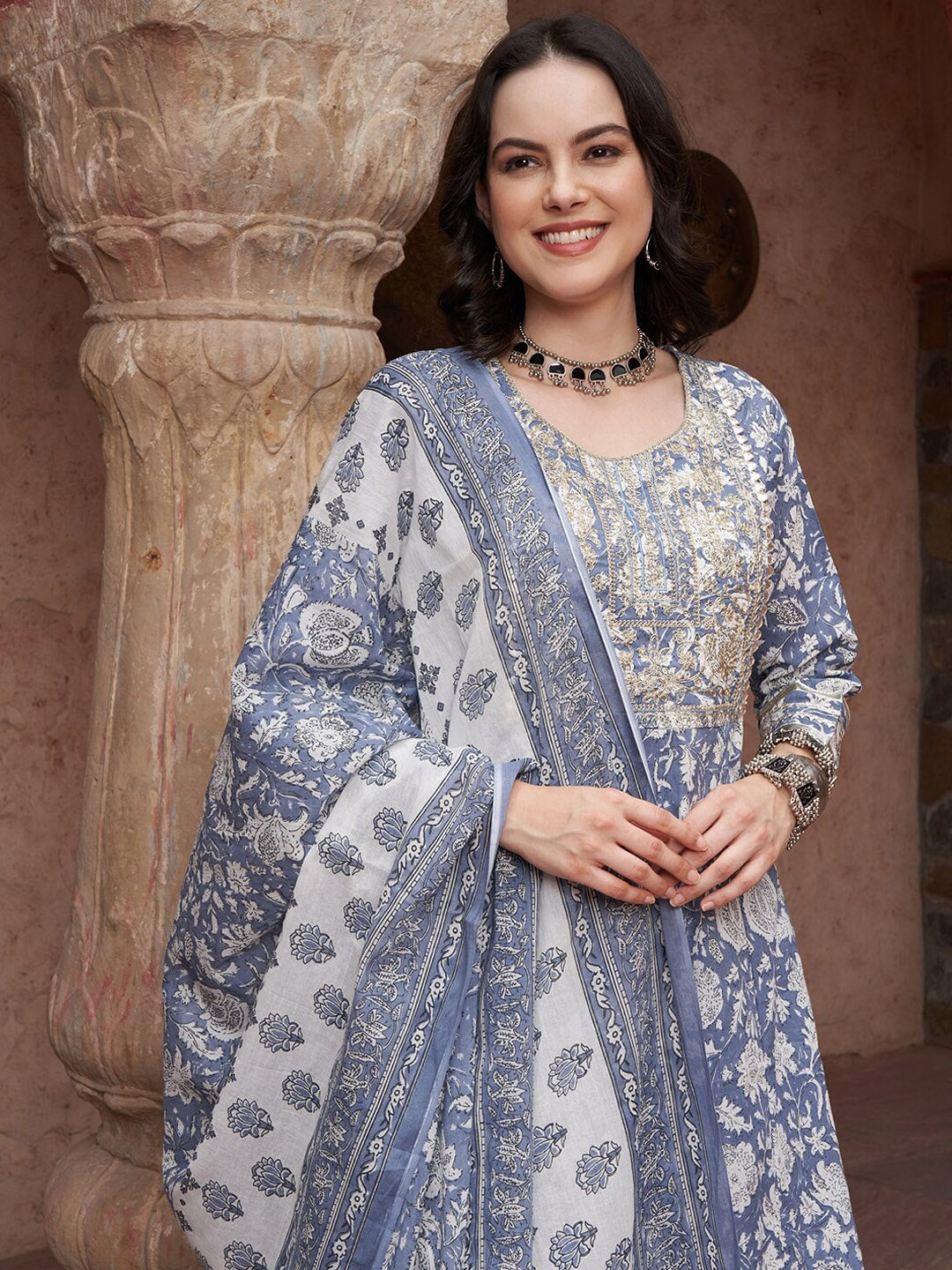 Sangria Blue Printed Thread Work Pure Cotton Empire A-Line Kurta with Trousers & Dupatta