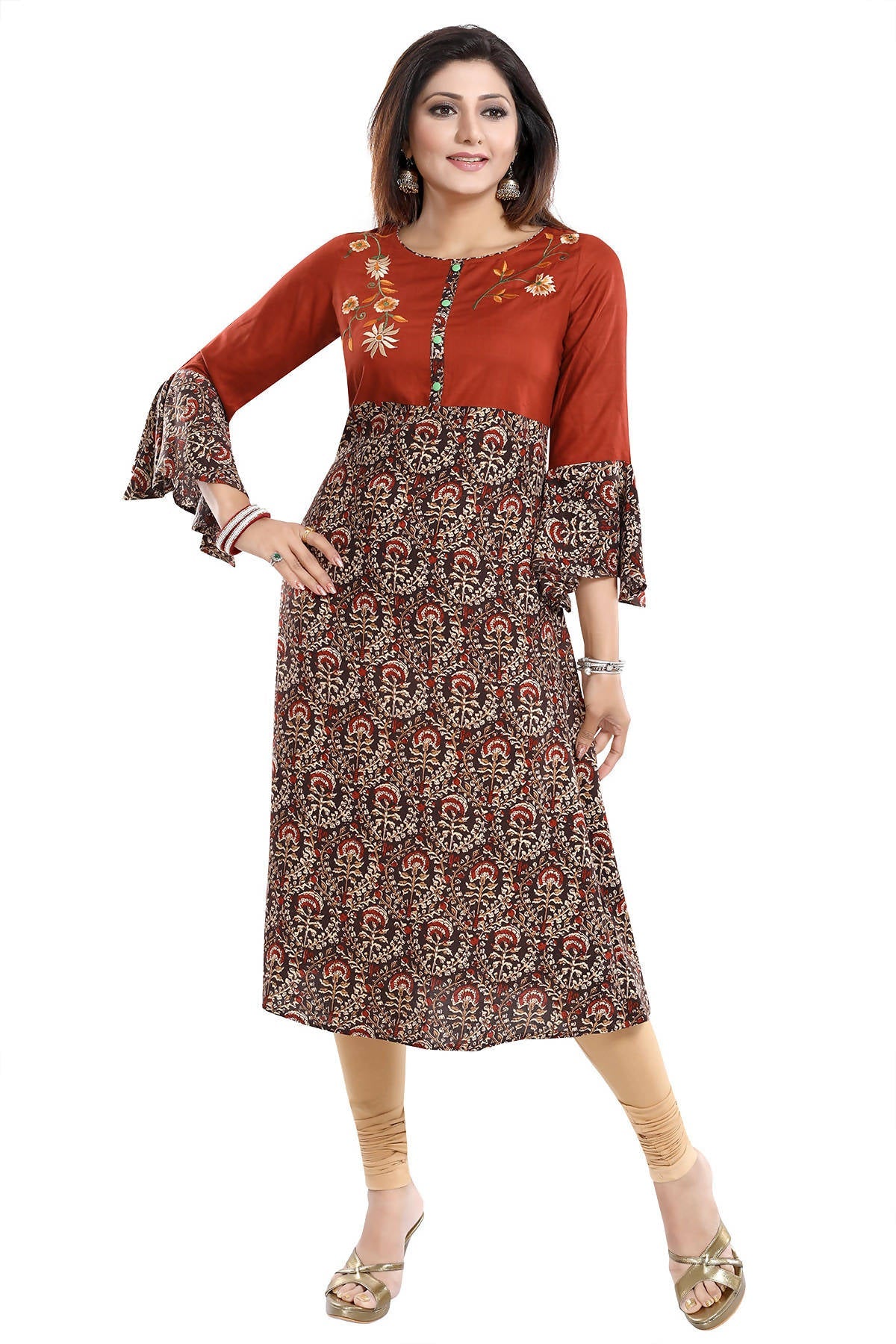 Snehal Creations Rust Rayon Printed Flared Long Tunic - Distacart