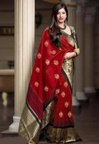 DEIANA'S Beautiful Designer Golden zari Soft Lichi Silk Saree - Red