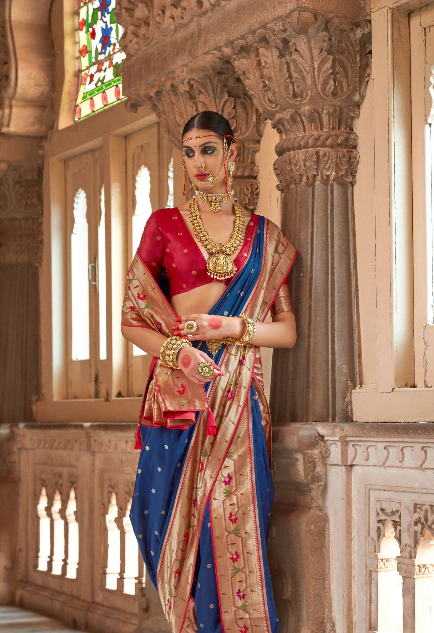 Navu Blue Soft V.P. Silk Magnum Finish, Weaving, Golden Zari Paithani Silk Saree - Rath Kadampalli