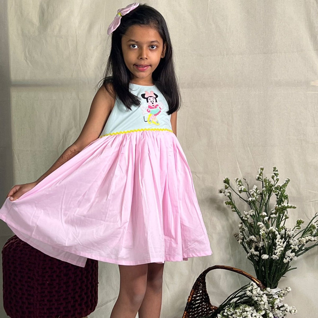 ArthLife Pink And Cyan Minnie Embroidered Dress