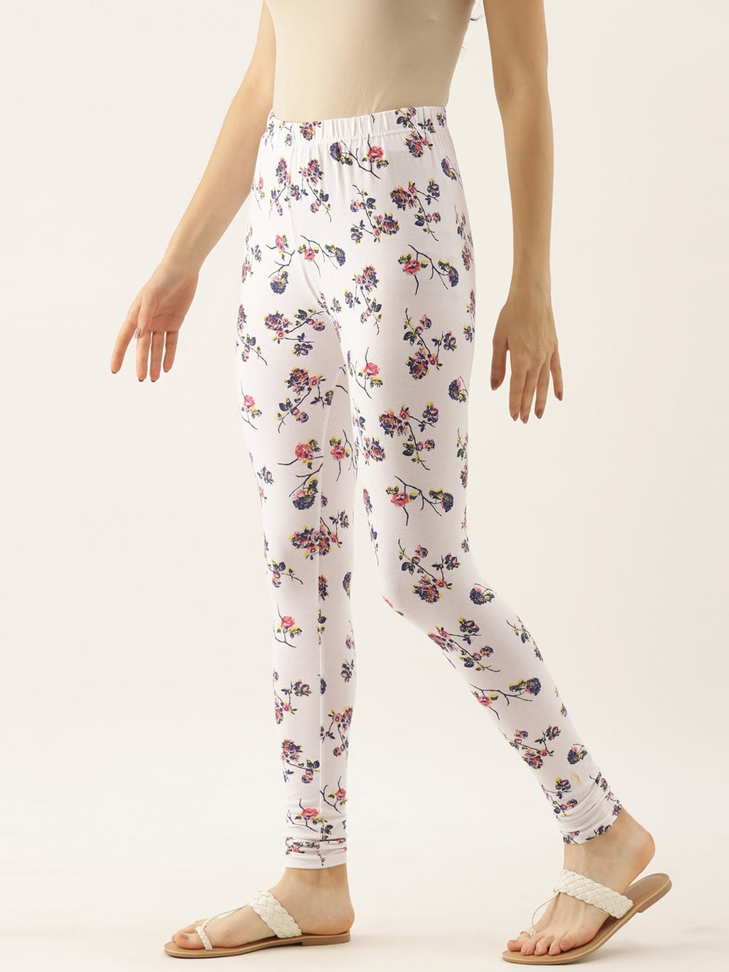 Souchii White Printed Slim-Fit Churidar-Length Leggings - Distacart
