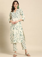 Sangria Floral Printed Angrakha Sequinned Pure Cotton Kurta With Trousers