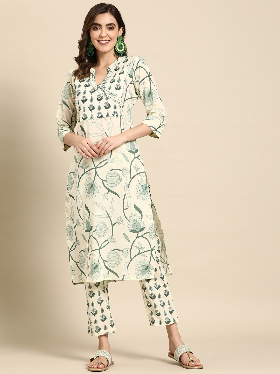 Sangria Floral Printed Angrakha Sequinned Pure Cotton Kurta With Trousers