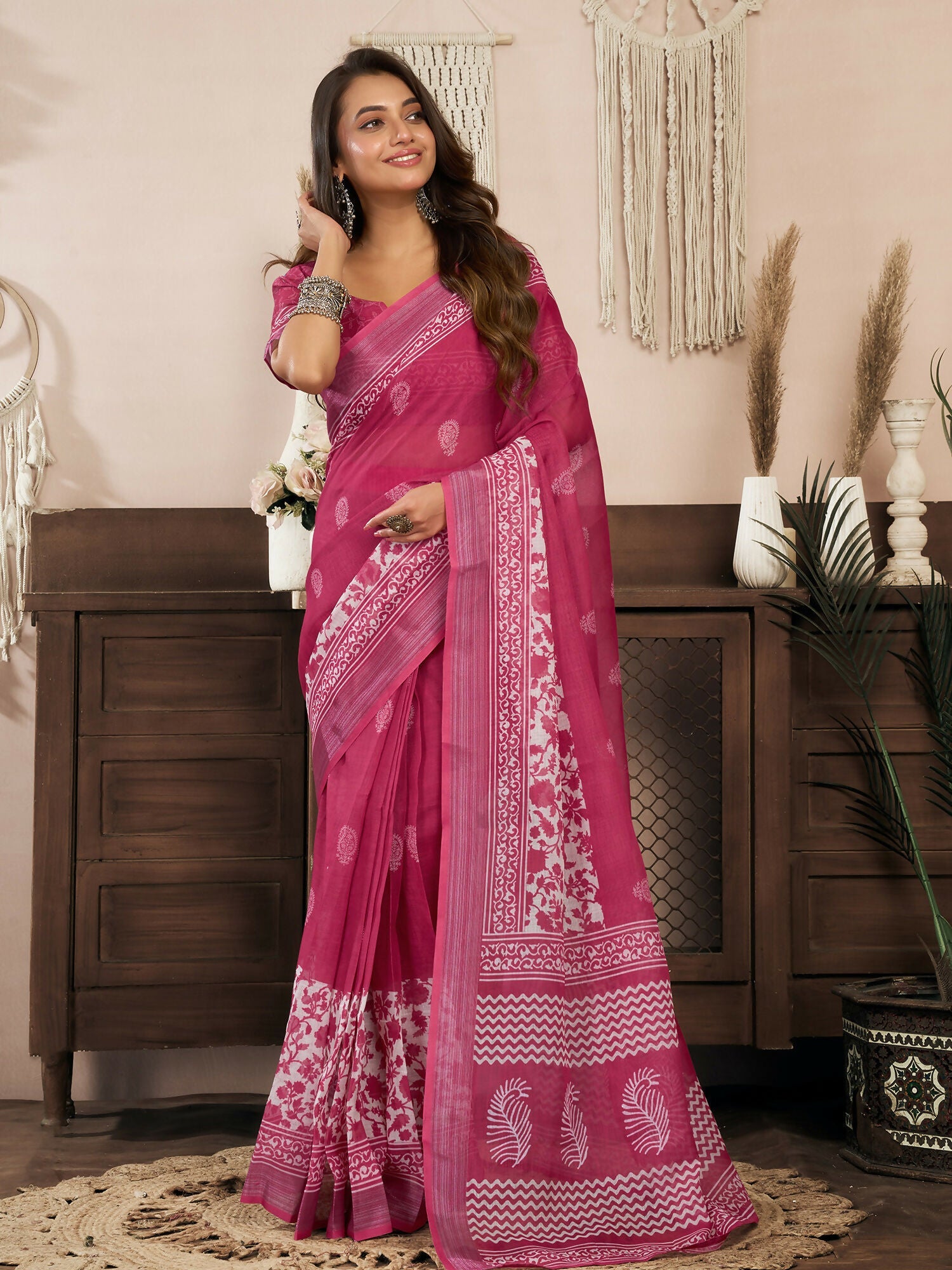 Joban Fashion Pink Floral Linen Ready To Wear Saree With Unstitched Blouse - Distacart