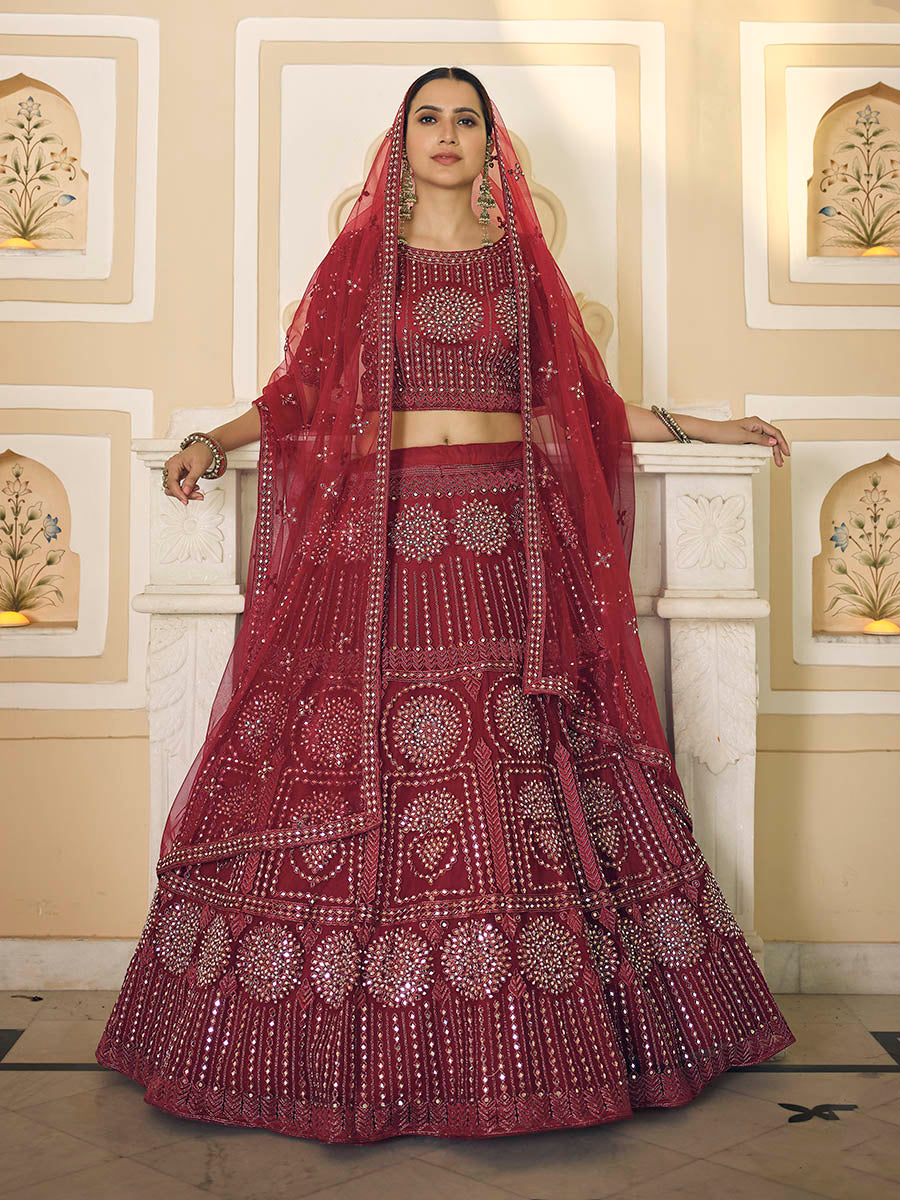 Myra Maroon Soft Net Embroidered Lehenga