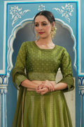 Juniper Green Bandhani Printed Shantoon Slub Lehenga Choli & Net Dupatta Set.