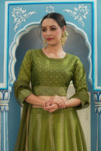 Juniper Green Bandhani Printed Shantoon Slub Lehenga Choli & Net Dupatta Set.