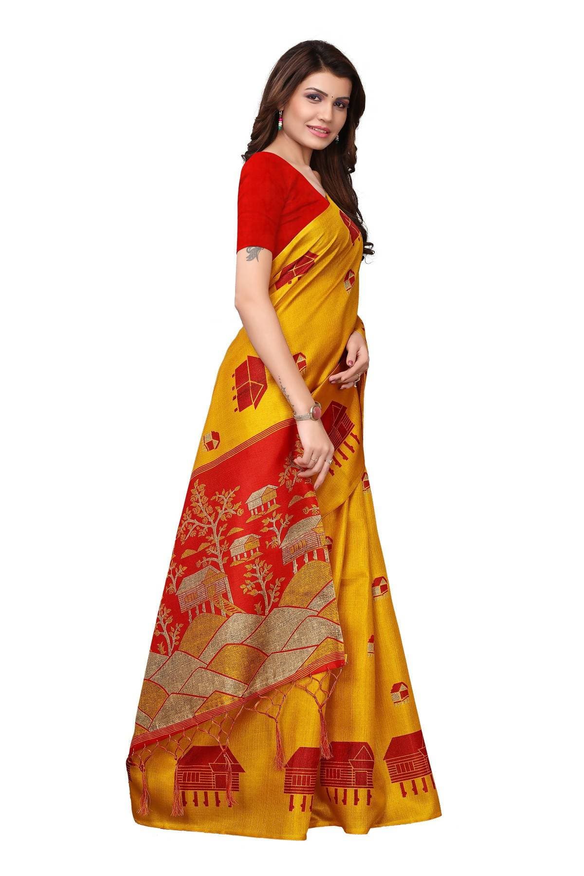 Vamika Latest Fashion Yellow & Red Kalamkari With Jhalar Khadi Silk Saree