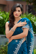 Vastranavya Teal Embroidery Work Shimmer Chiffon Saree with Unstitched Blouse - Distacart