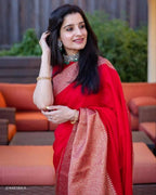 DEIANA'S Beautiful Designer Golden zari Soft Lichi Silk Saree - Red