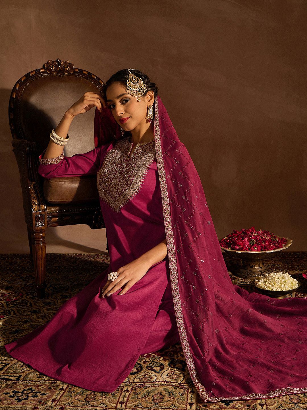 Indo Era Red Floral Embroidered Regular Kurta with Trousers & Dupatta - Distacart
