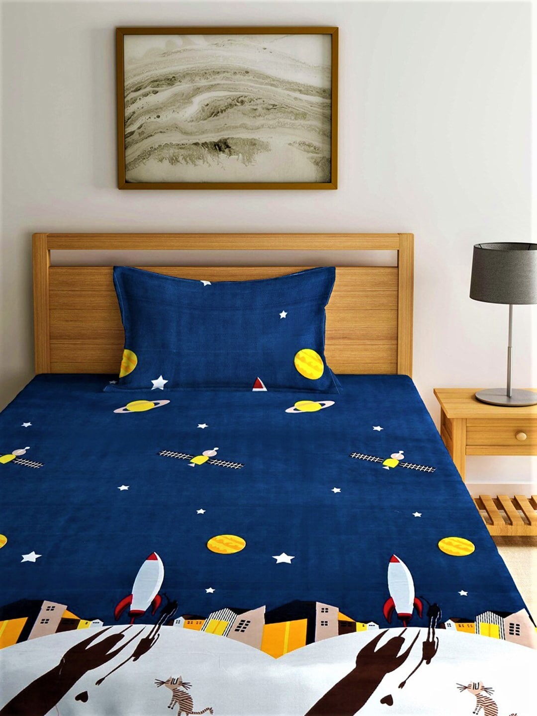 Home Sizzler Blue & Yellow Cartoon Characters 210 TC Bedsheet with Pillow Covers