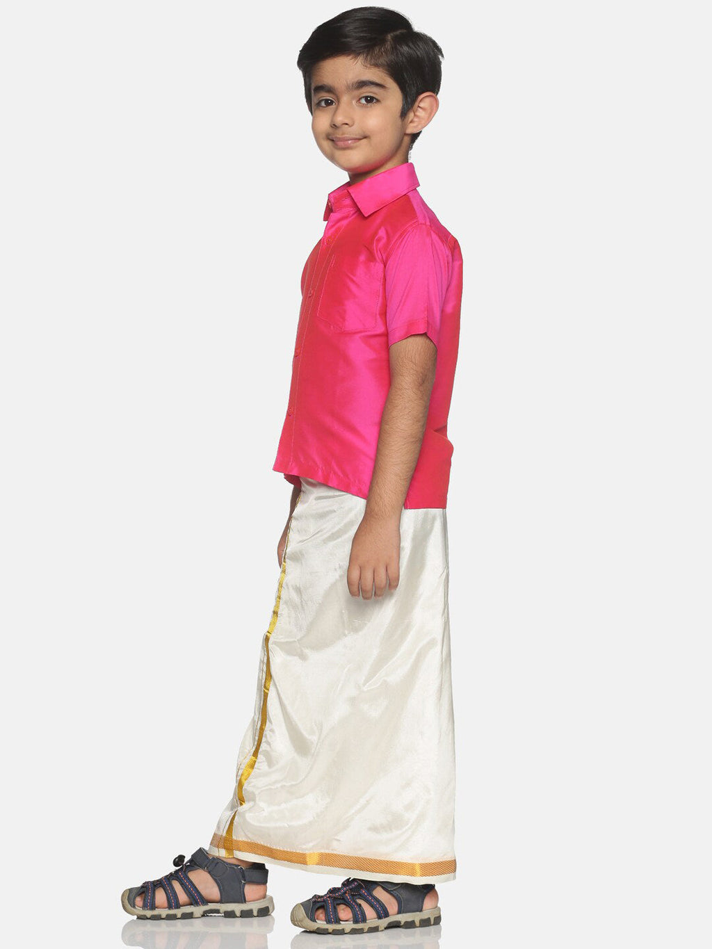 Sethukrishna Boys Pink & Cream-Coloured Solid Shirt and Veshti Set