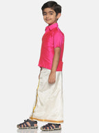 Sethukrishna Boys Pink & Cream-Coloured Solid Shirt and Veshti Set
