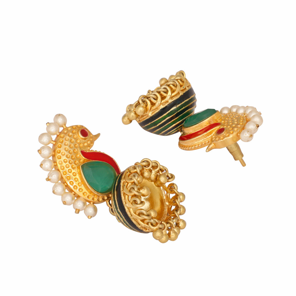 Nuyug 22K Gold Plated Pearls Studded Contemporary Shaped Enamel Jhumkas - Distacart
