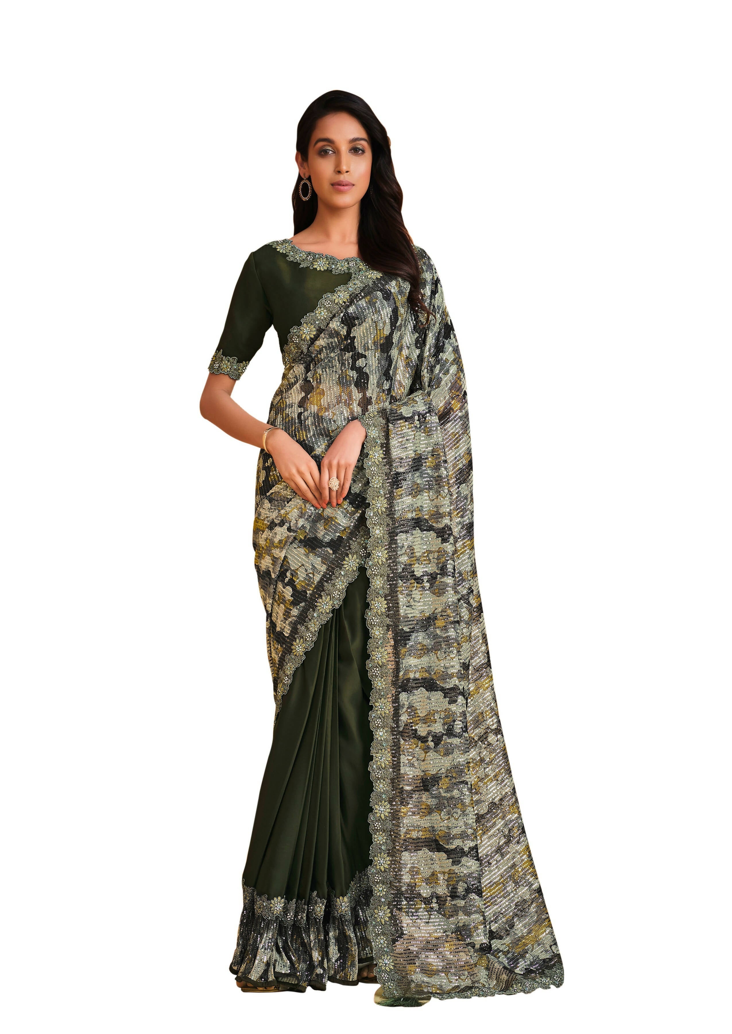 Green Satin Crepe Silk Sequence Embroidered Saree With Unstitched Blouse - Mohmanthan Yavanika
