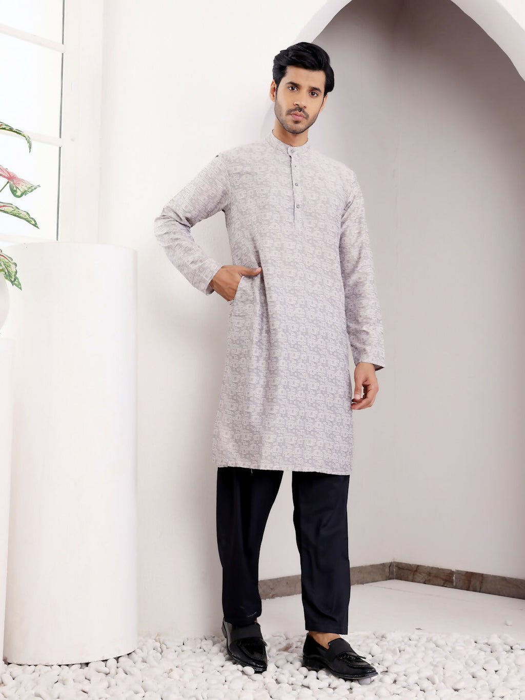 Light Grey Viscose Woven Jacquard Work Men's Kurta - Mahotsav