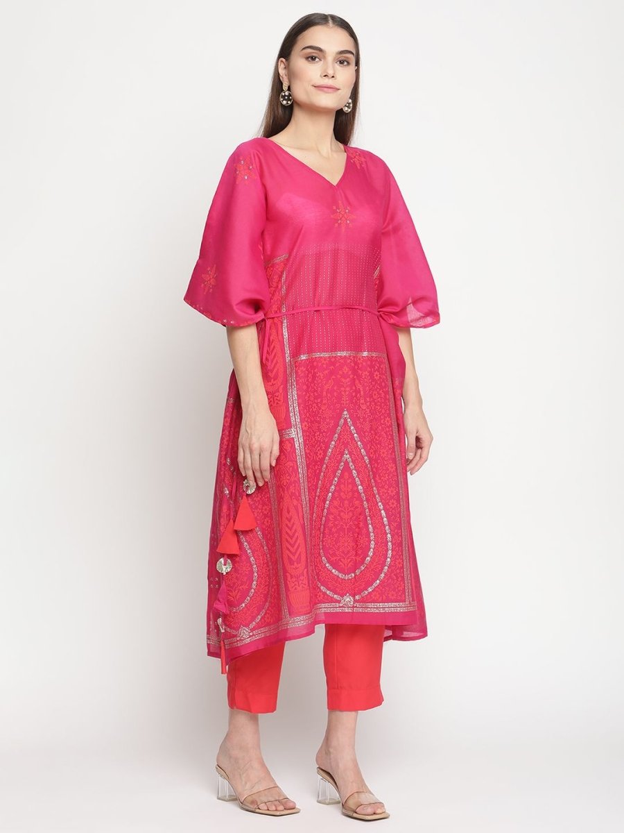 Ahalyaa Pink Chanderi Orange khari Print Kaftan With Trouser
