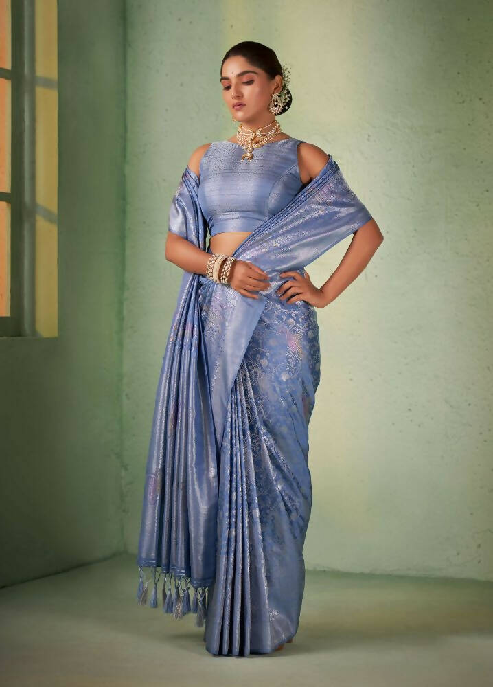 Charming Designer Greyish Blue Color Kanjivaram Silk Saree With Weaving Work - Yomika Fashions