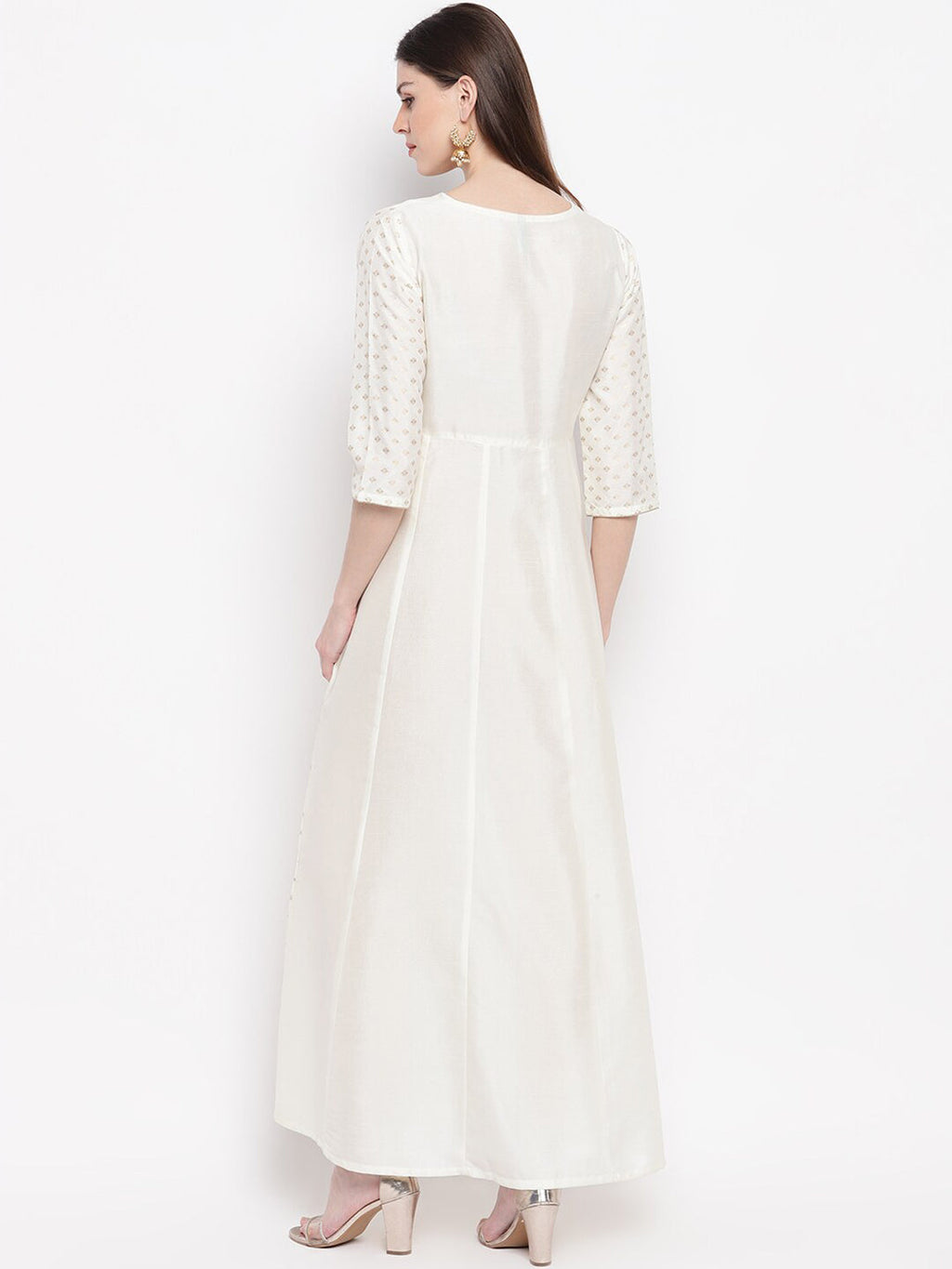 Janasya Off White & Gold-Toned Geometric Printed Anarkali Kurta - Distacart