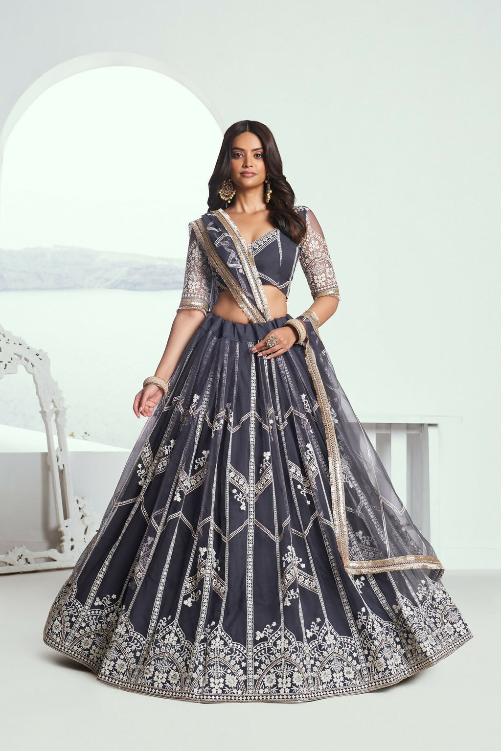 Eilara Appealing Dark Gray Net With Embroidered And Thread Zari Sequence Party Wear Lehenga Choli