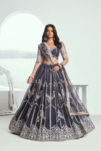 Eilara Appealing Dark Gray Net With Embroidered And Thread Zari Sequence Party Wear Lehenga Choli
