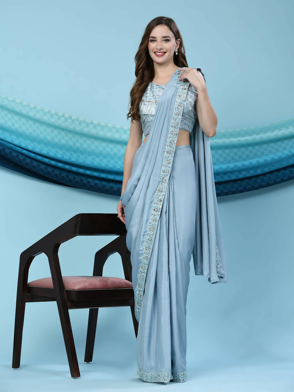 Blue Silk Satin Solid Ready to wear Saree with stitched Blouse - Satiksha
